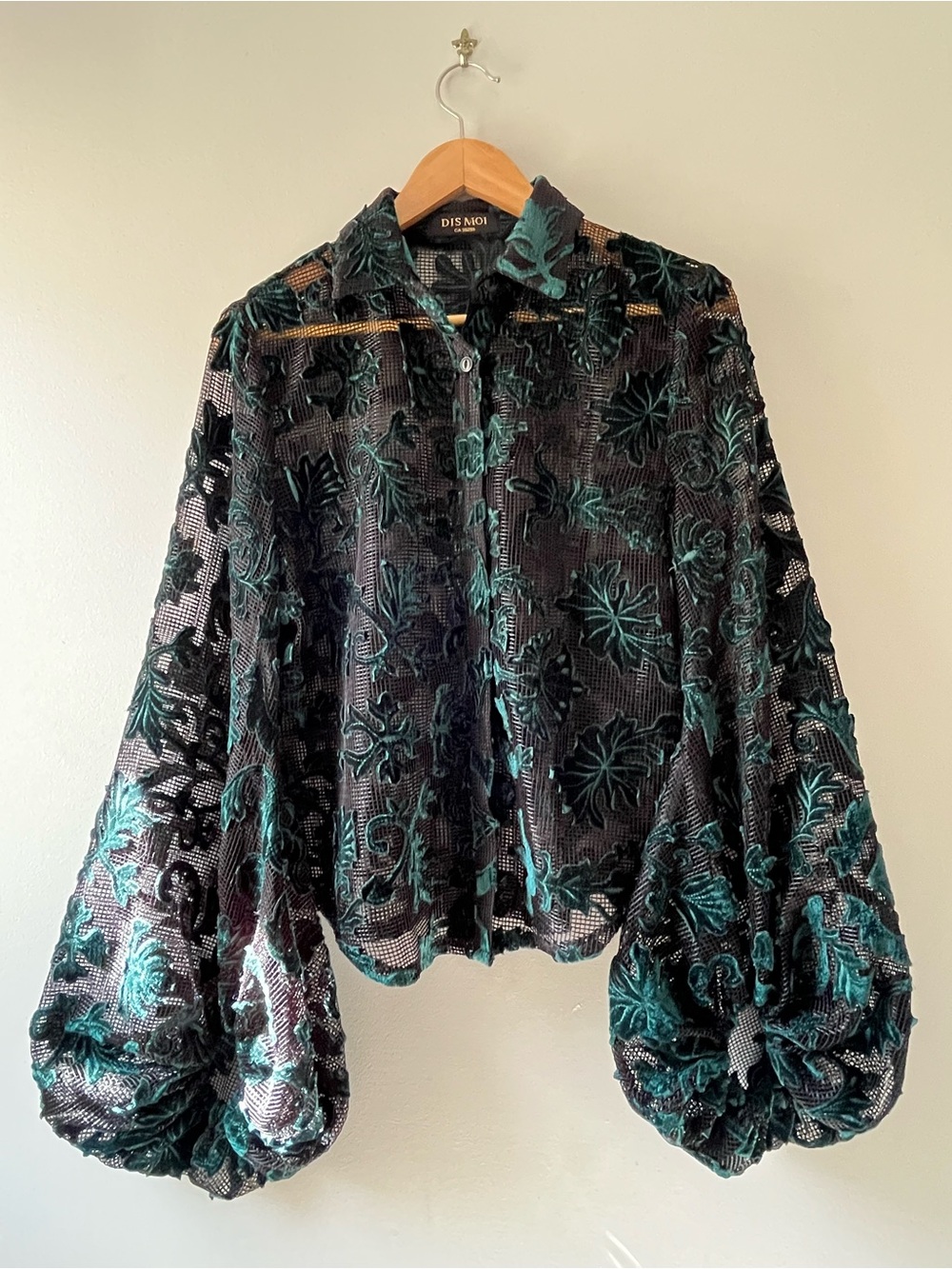 Black & Teal Floral Burnout Button-Up Blouse with Huge Sleeves